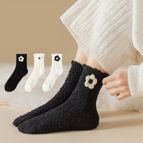 Anna-Kaci 3-Pair Plush Fuzzy Socks with Crochet Flower Detail for Cozy Indoor Wear