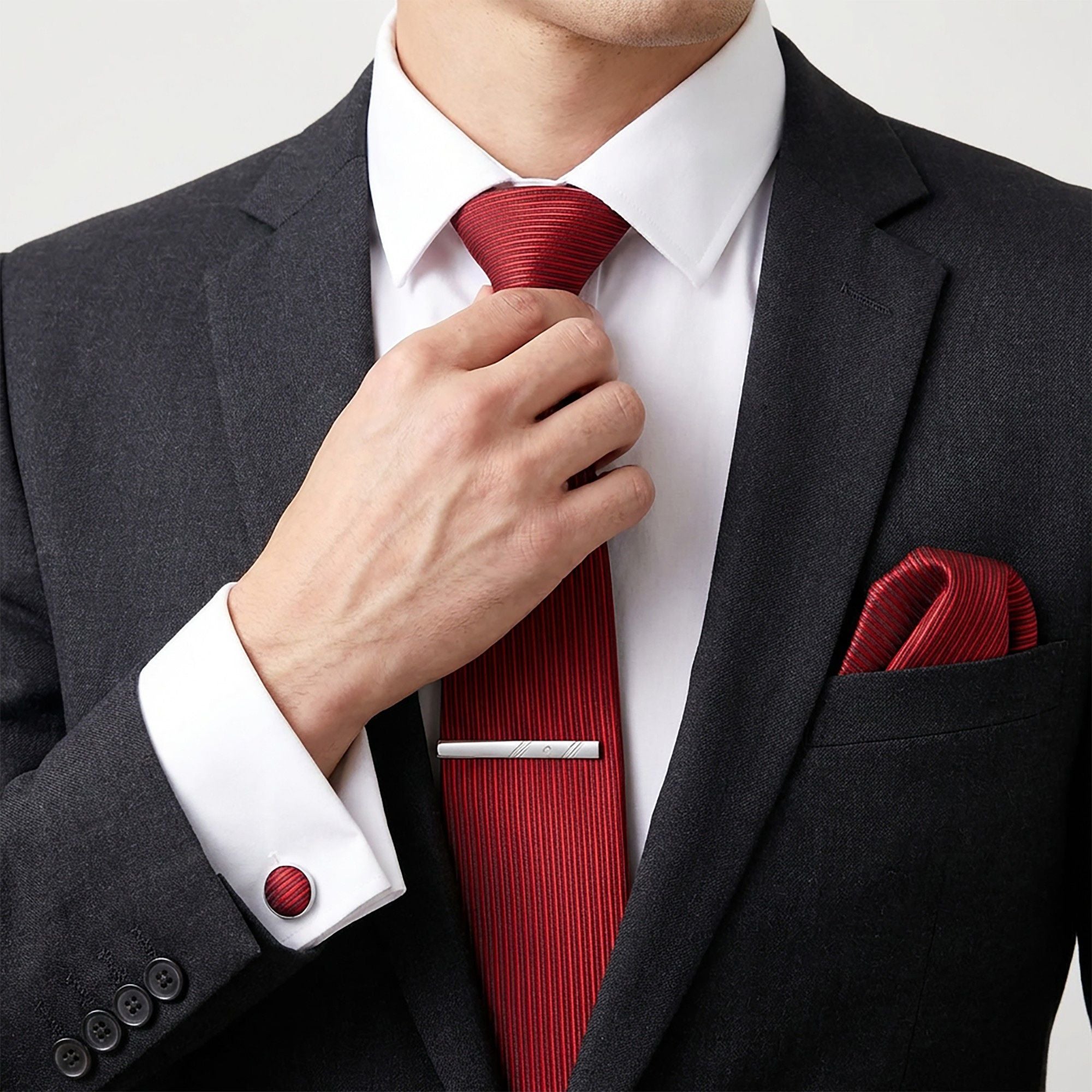 Men's Striped Tie Gift Set Necktie Pocket Square Cufflinks Tie Clip Formal Accessory Set