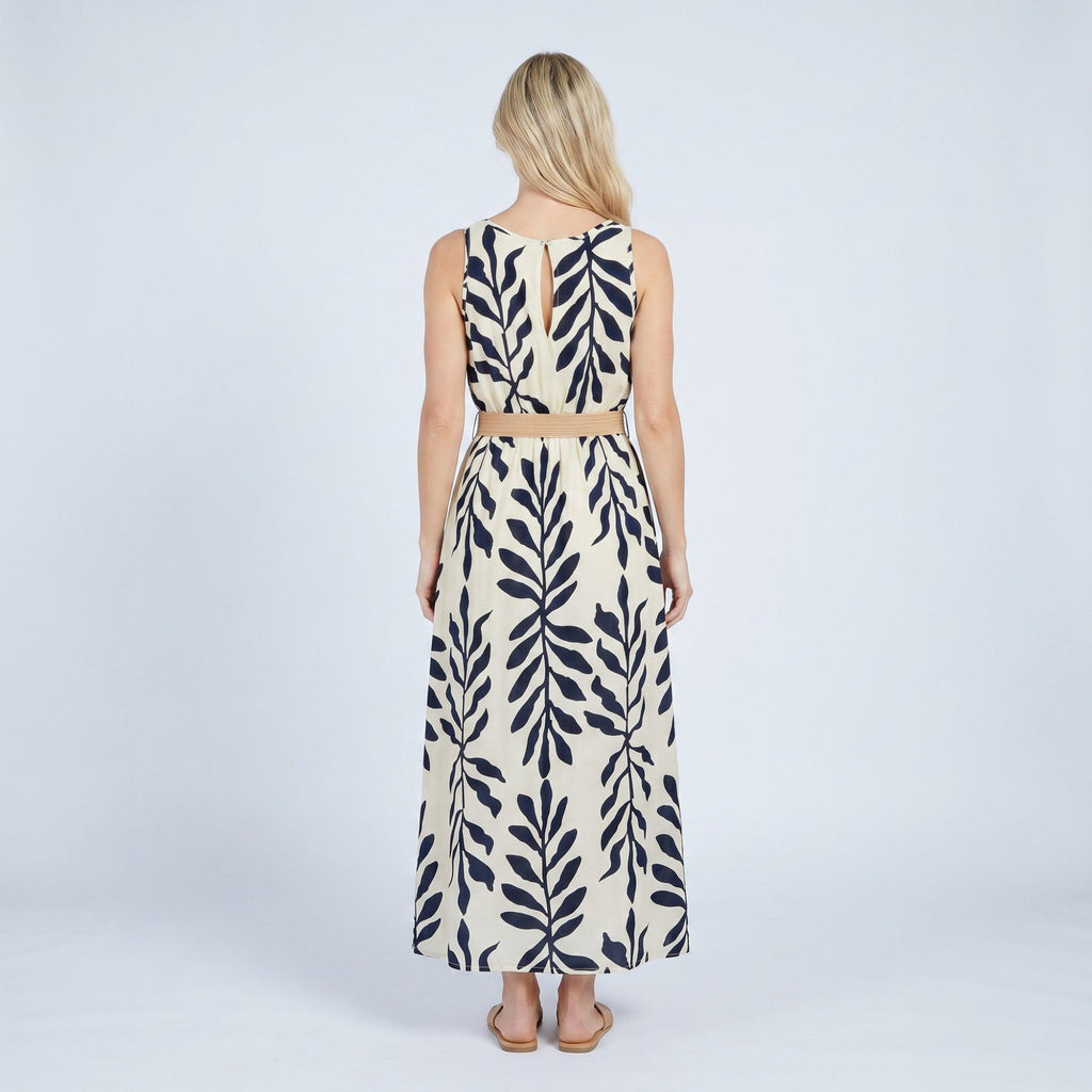 Anna-Kaci Women's Sleeveless Leaf Print Button Front Belted Maxi Dress