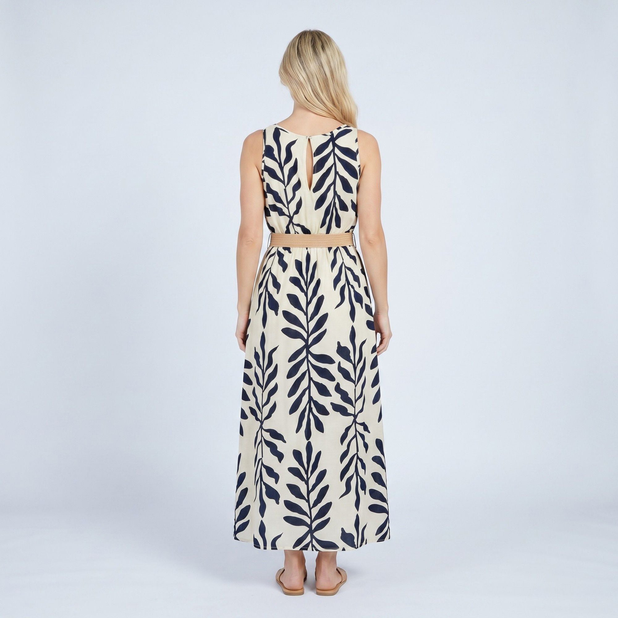 Anna-Kaci Women's Sleeveless Leaf Print Button Front Belted Maxi Dress
