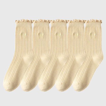 Anna-Kaci Women's Summer Ribbed Ankle Socks with Bow Embroidery Casual 5Pk