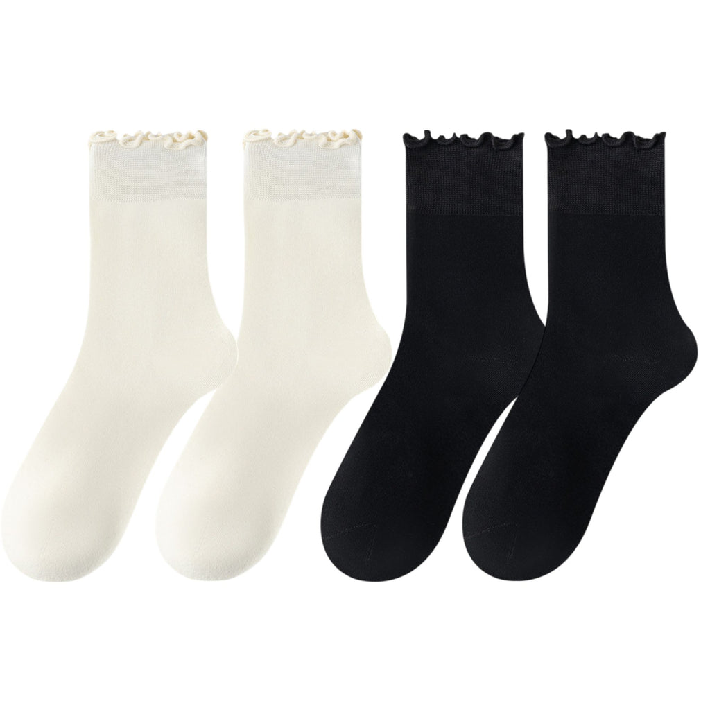 Anna-Kaci 4 Pairs Women's Ruffle Edge Crew Socks Soft Stretch Cotton Blend with High Elastic Cuffs in Assorted Solid Colors