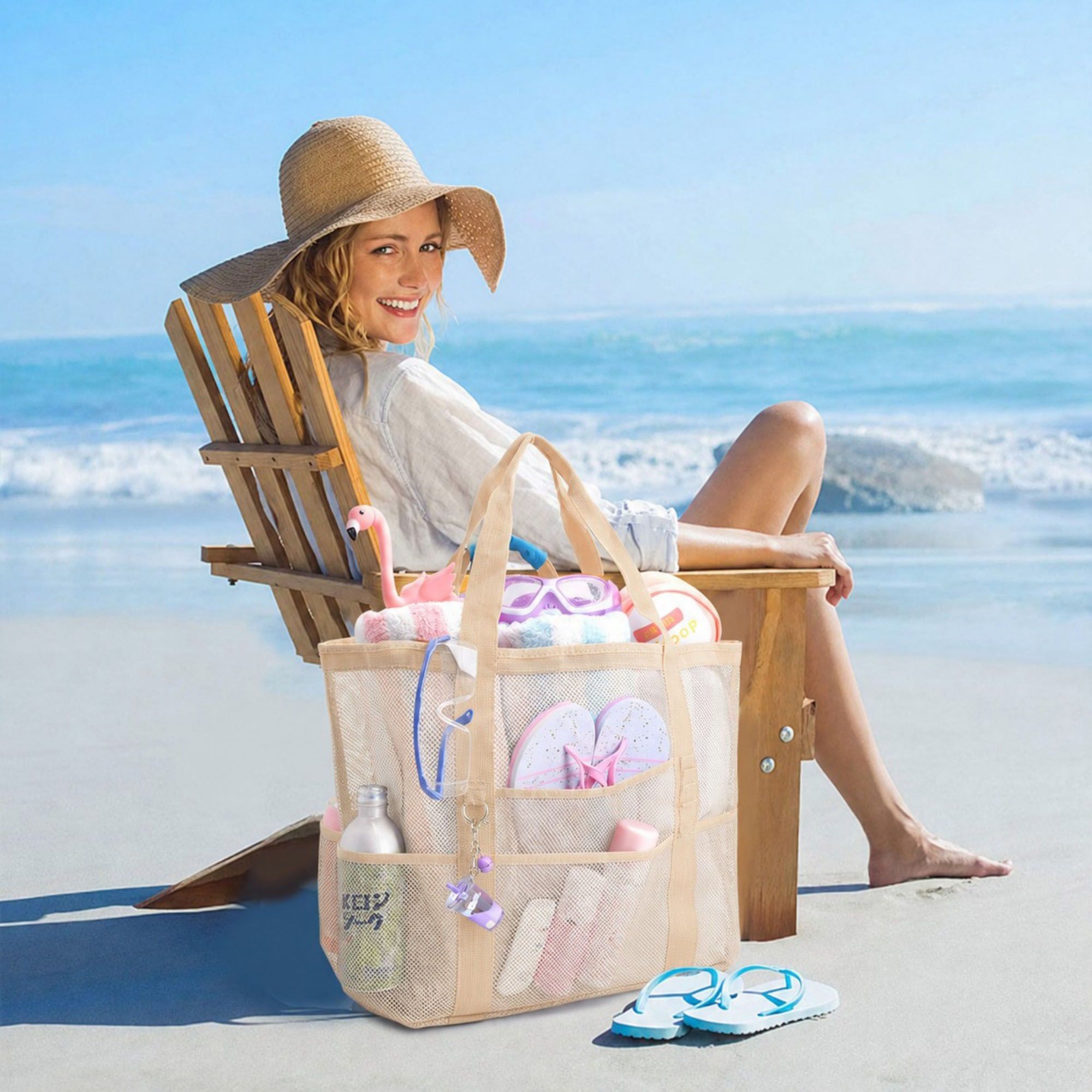Mesh Beach Tote Bag Large Capacity Travel Shoulder Bag with Exterior Pockets Zipper Top Organizer