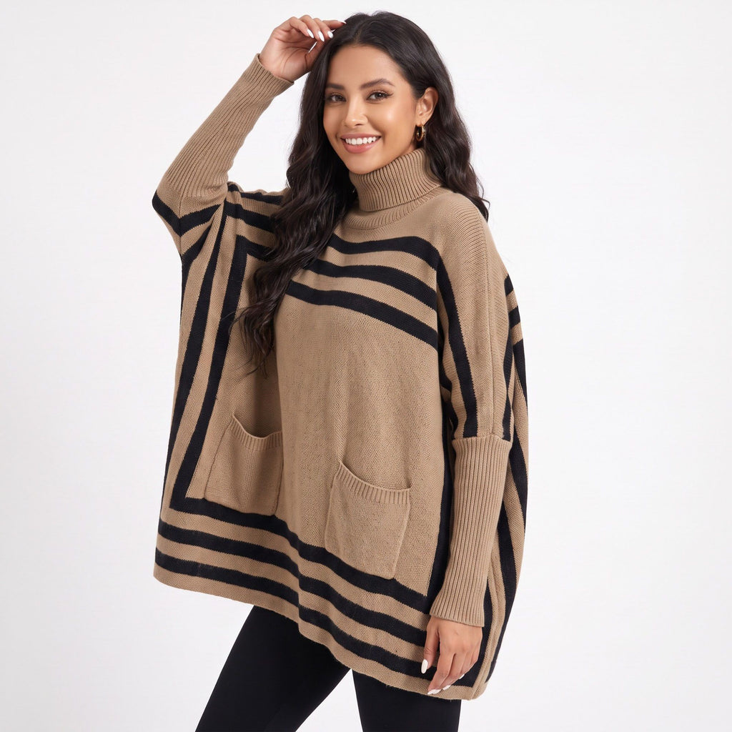 Striped Turtleneck Poncho Sweater with Pockets