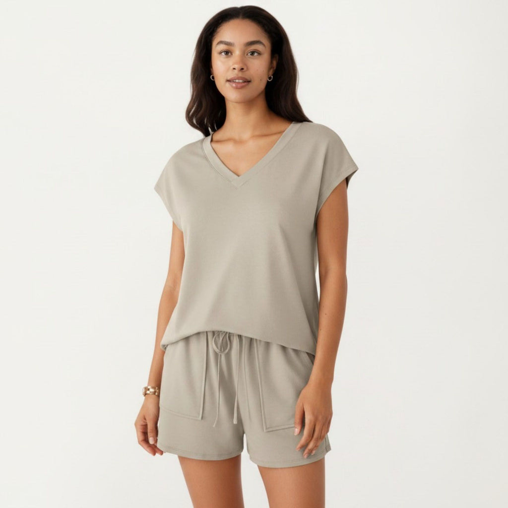 Anna-Kaci Women's 2-Piece Set Short Sleeve V Neck Top and Drawstring Shorts with Pockets Relaxed Fit Lounge Set