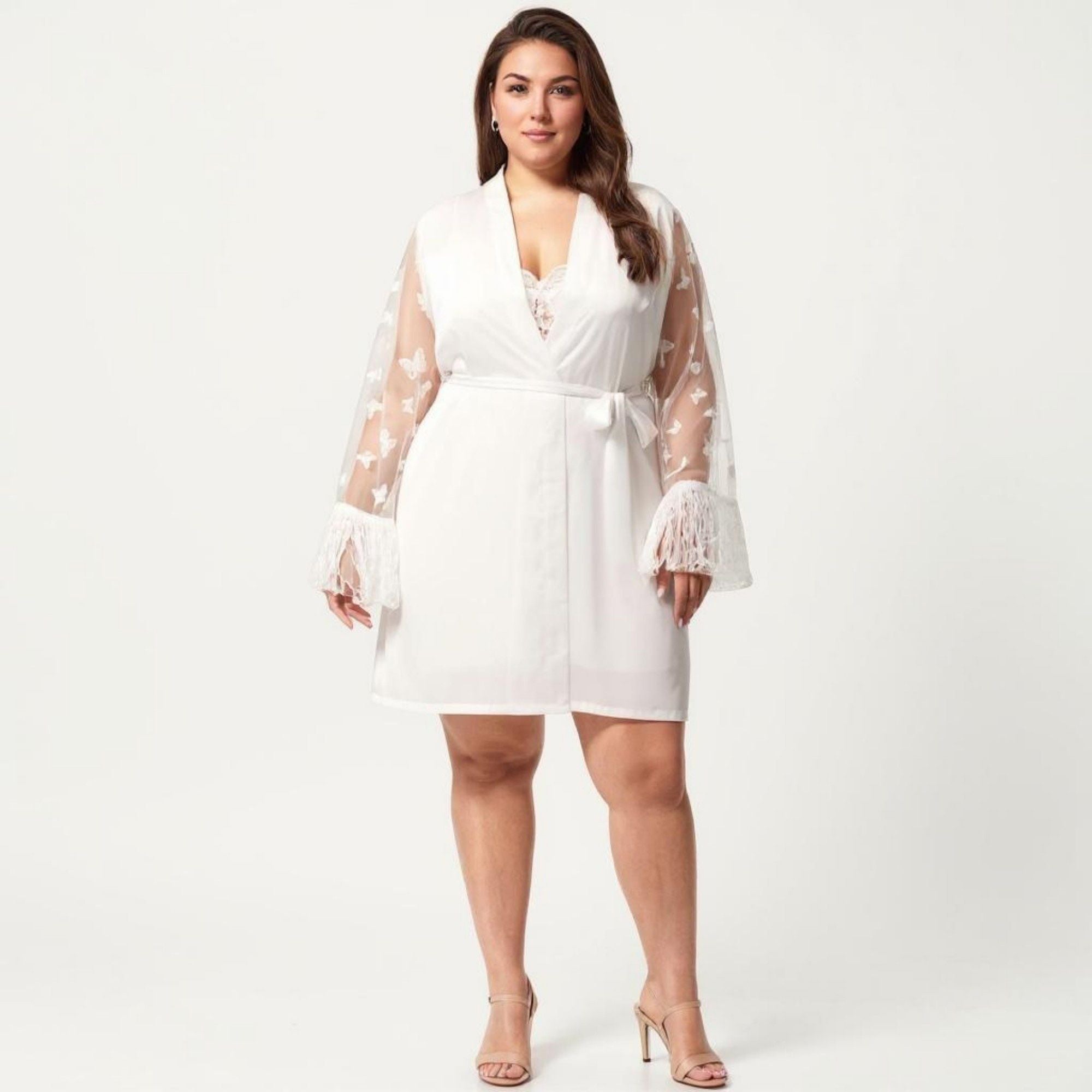 Anna-Kaci Lounge Women's Plus Size Sheer Mesh Lace Trim Robe Lightweight Long Sleeve Sleepwear