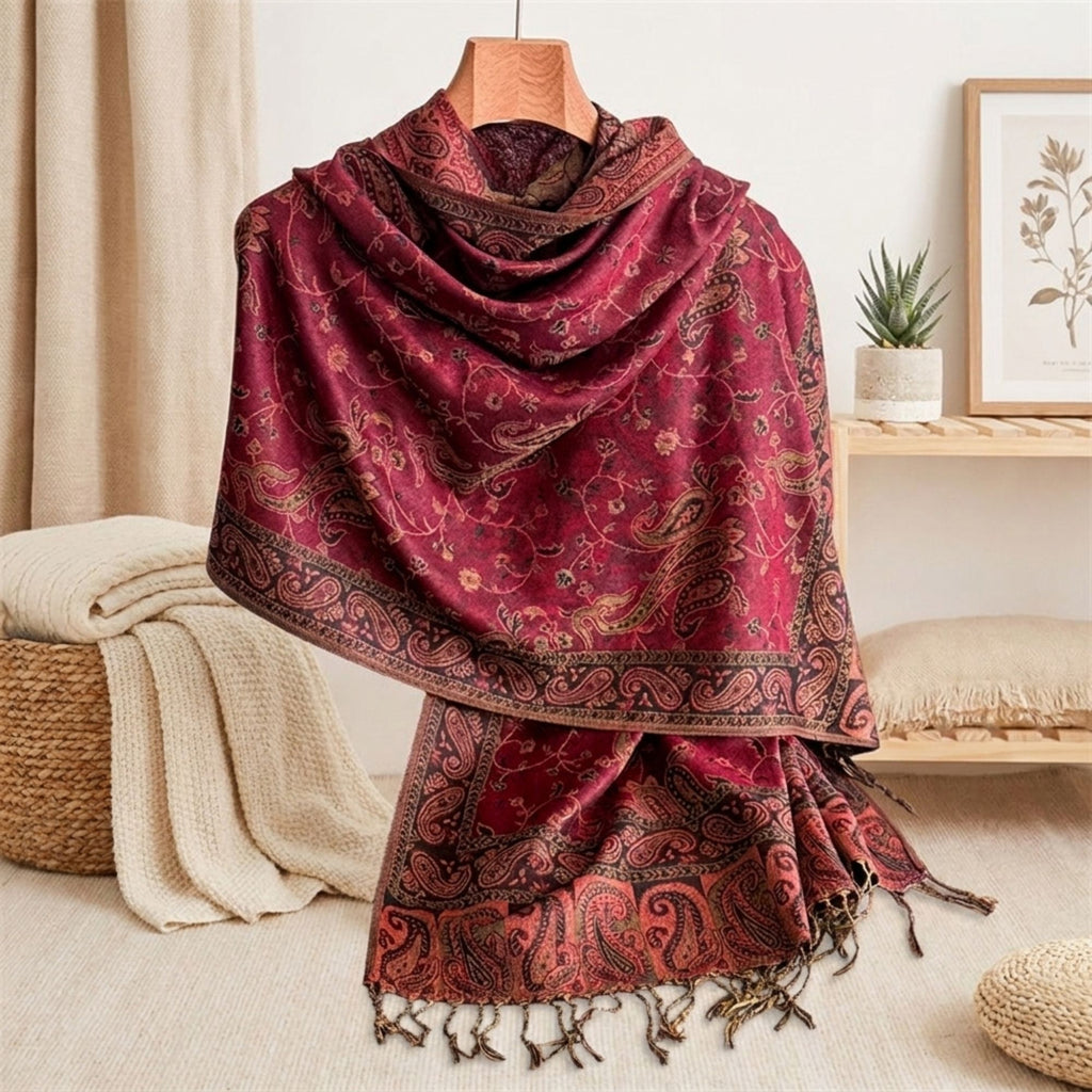 Paisley Pashmina Scarf with Fringe Trim 75*27.5 Inches