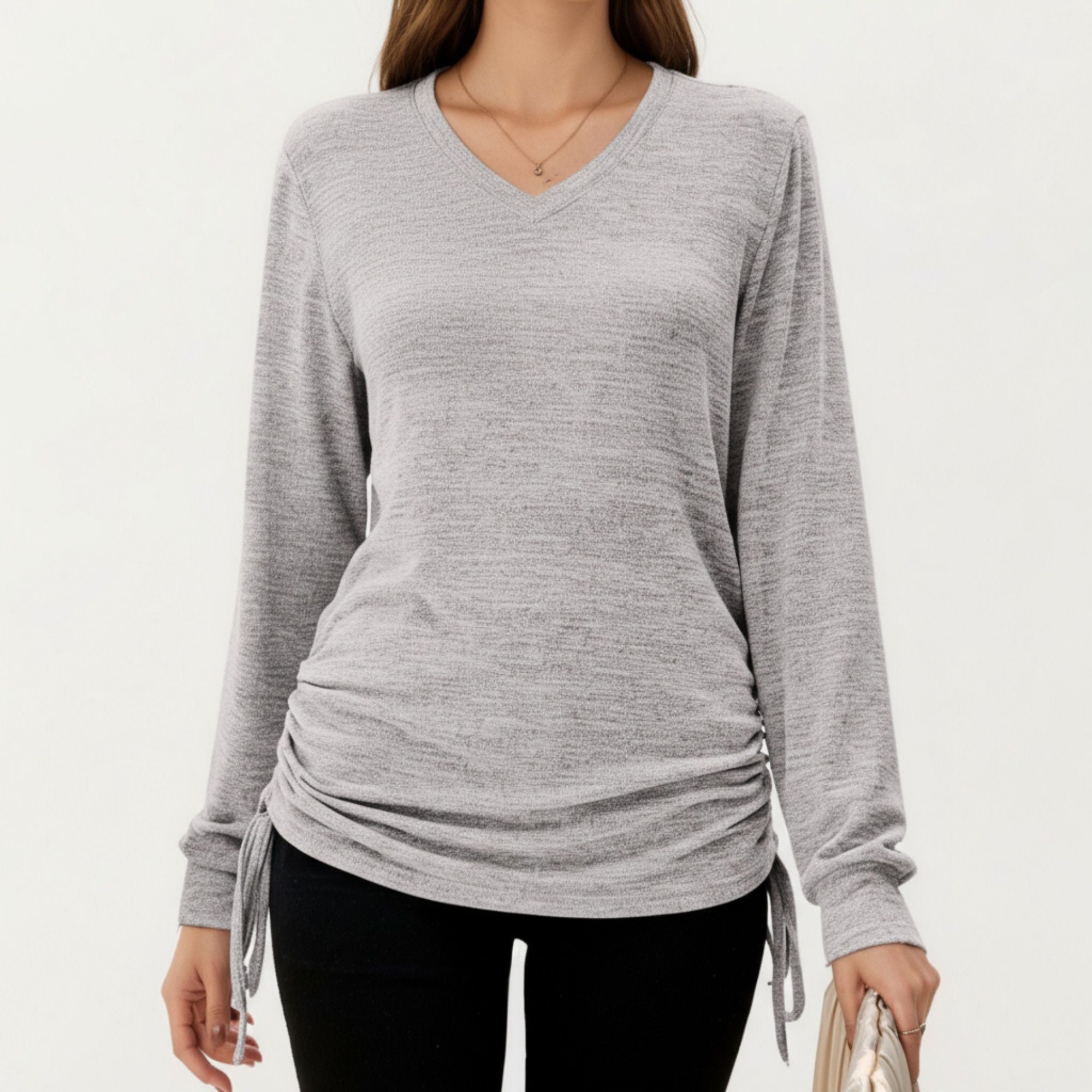 Anna-Kaci Women's Long Sleeve V-Neck Top with Side Drawstring Ruched Hem
