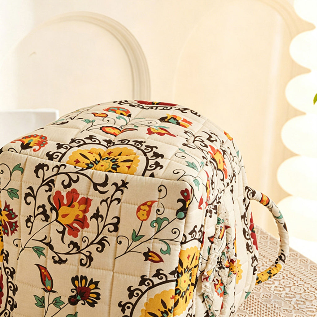 Fabric Storage Basket Quilted Cotton Organizer Bin with Floral Print Decorative Storage