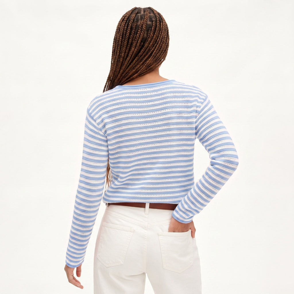Striped Pointelle Knit Boat Neck Long Sleeve Sweater