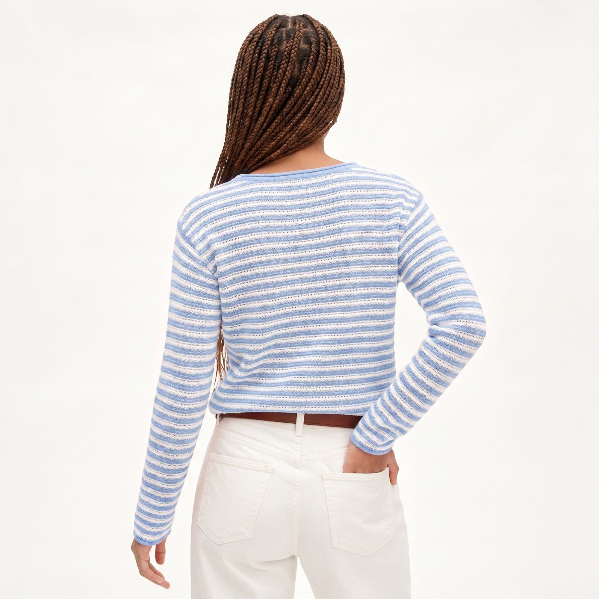 Striped Pointelle Knit Boat Neck Long Sleeve Sweater