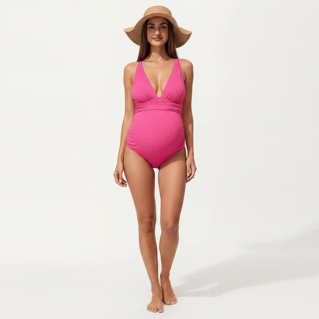 Anna-Kaci Swim Women's Maternity Ribbed One-Piece Swimsuit with Plunging Neckline and Ruched Waist