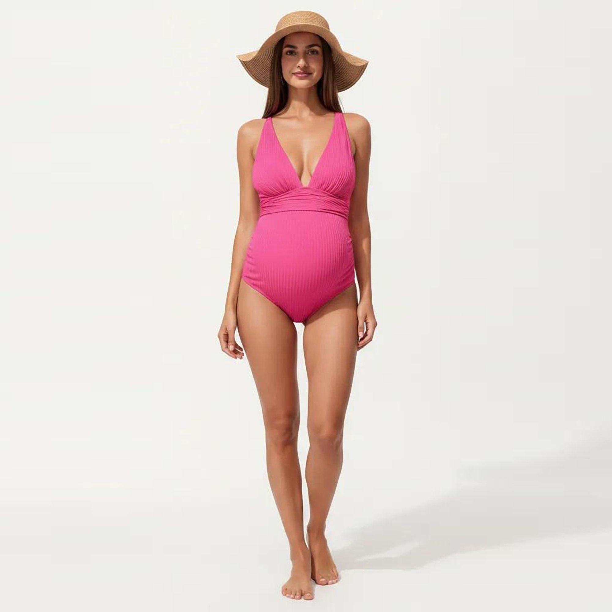 Anna-Kaci Swim Women's Maternity Ribbed One-Piece Swimsuit with Plunging Neckline and Ruched Waist