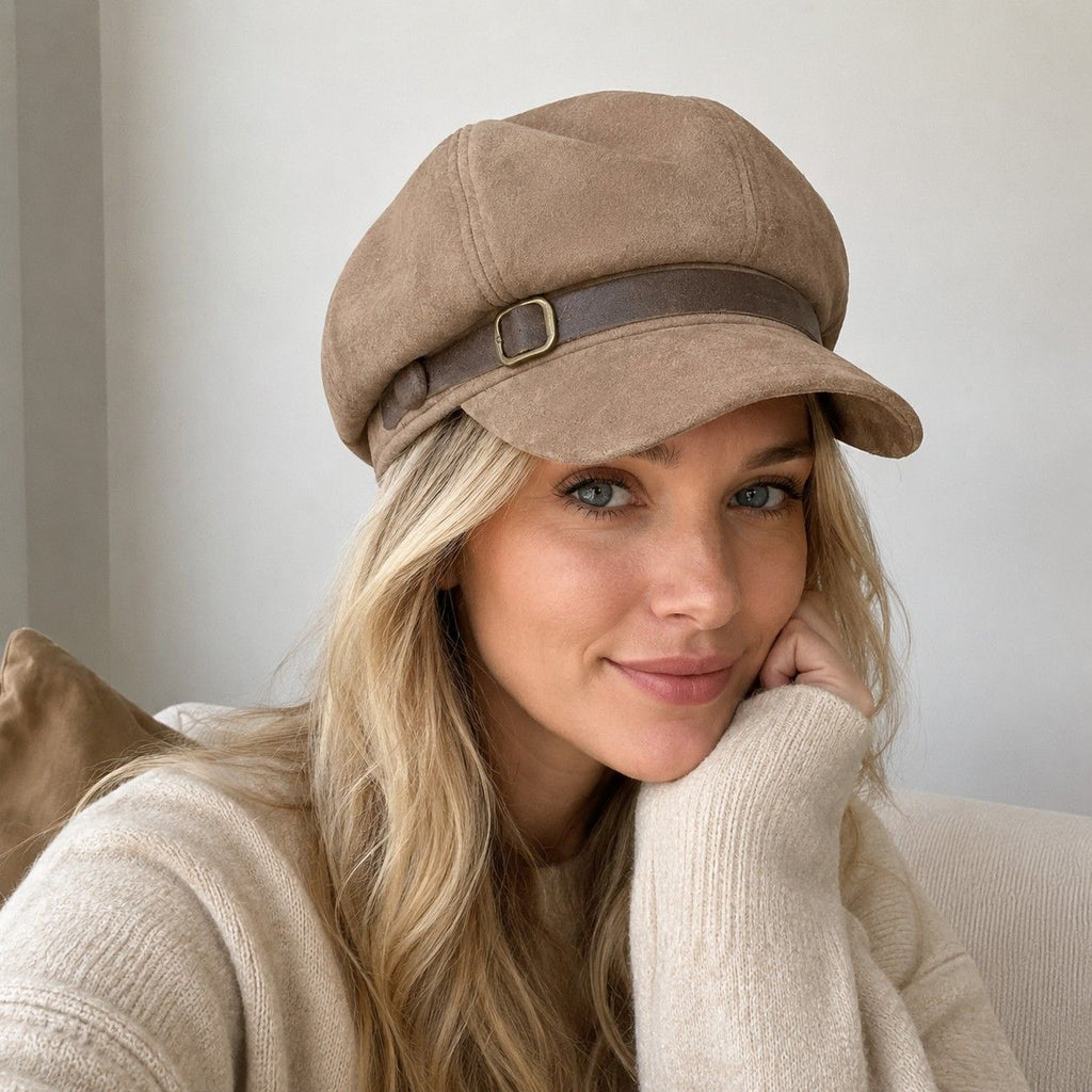 Faux Suede Baker Boy Cap with Buckle Band Vintage Newsboy Style Hat