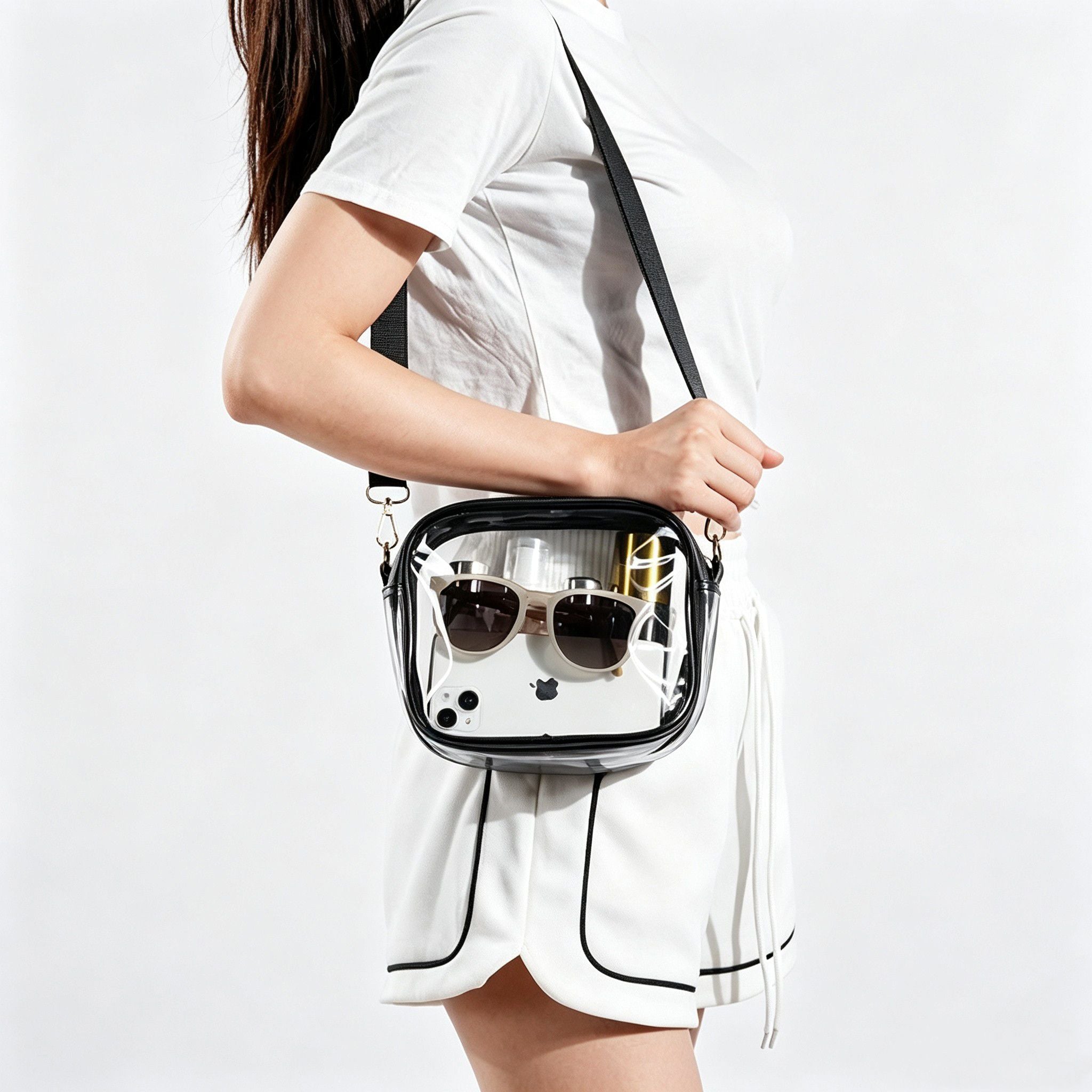 Clear Crossbody Bag with Front Zipper Pocket, Structured Trim and Adjustable Removable Shoulder Strap