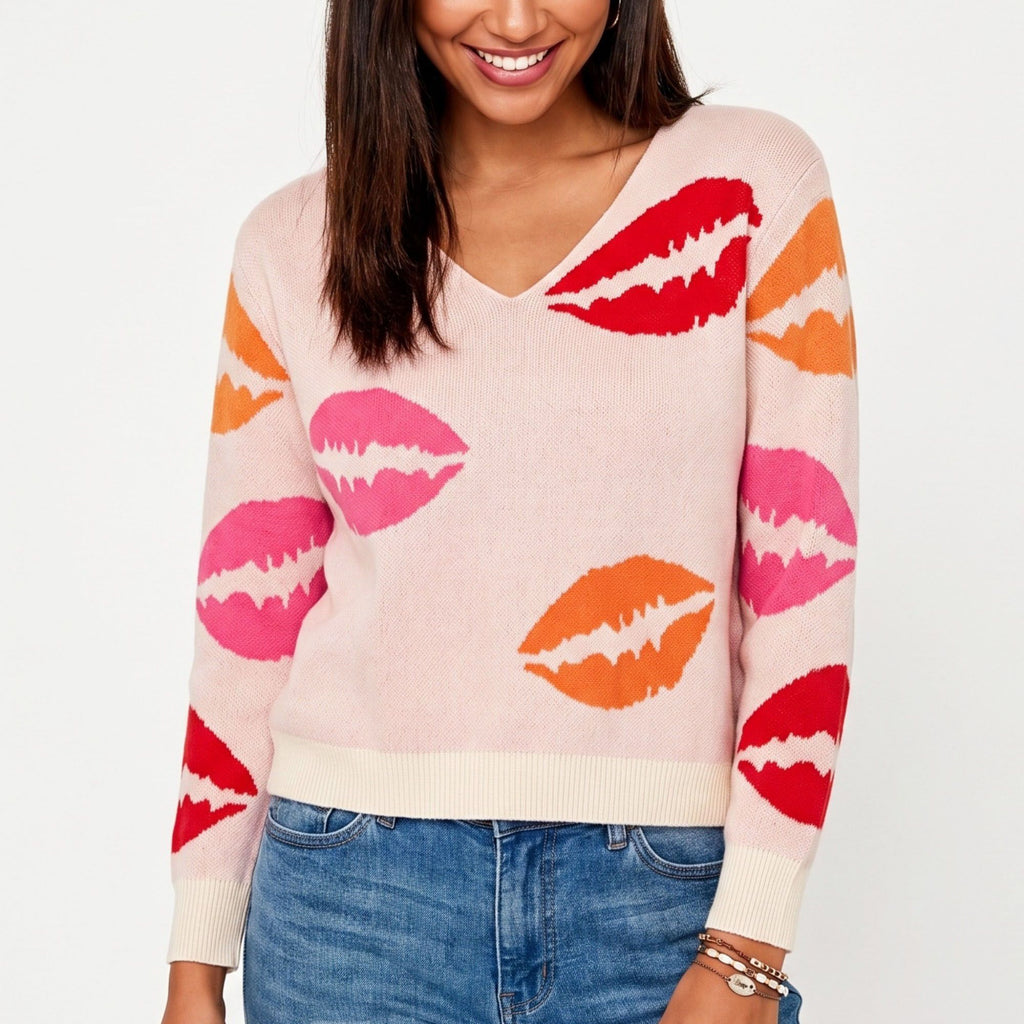 Lip Print V-Neck Long Sleeve Knit Sweater