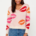 Lip Print V-Neck Long Sleeve Knit Sweater