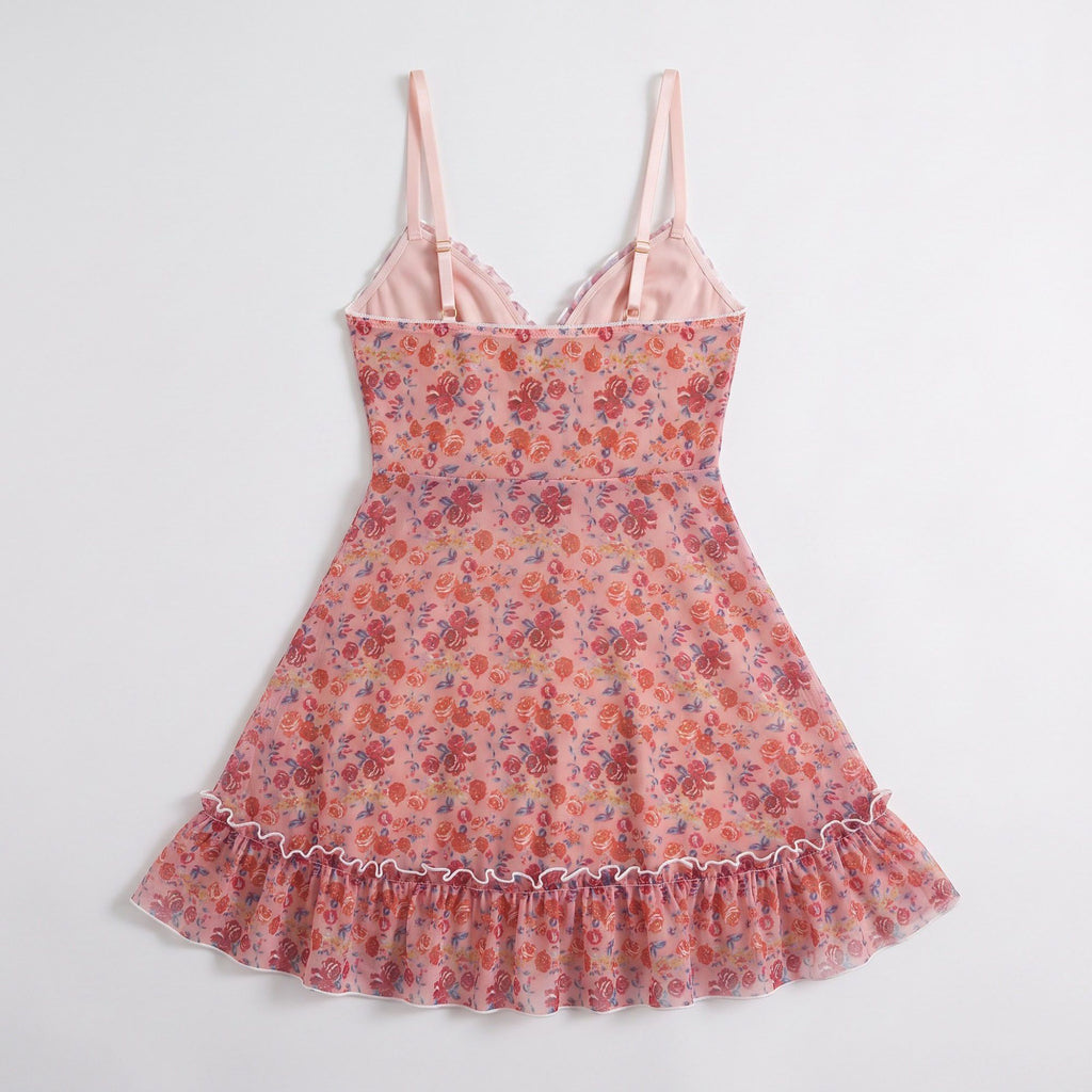 Floral Print Mesh Ruffle Chemise Nightgown