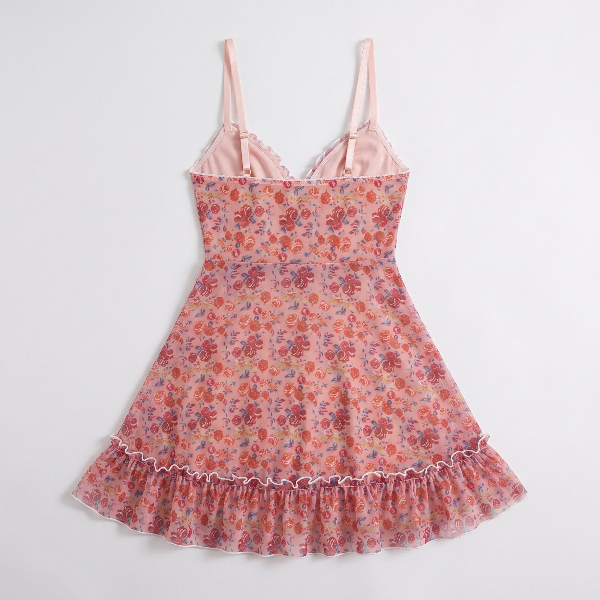 Floral Print Mesh Ruffle Chemise Nightgown