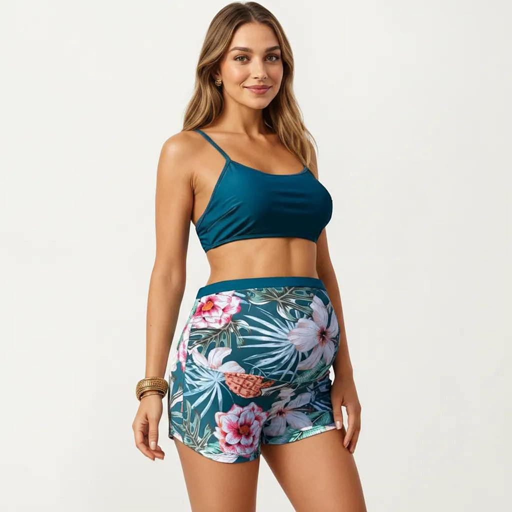 Anna-Kaci Swim Women's Maternity Floral Print Kimono Cover-Up with High-Waisted Swim Shorts and Tank Top 3-Piece Set