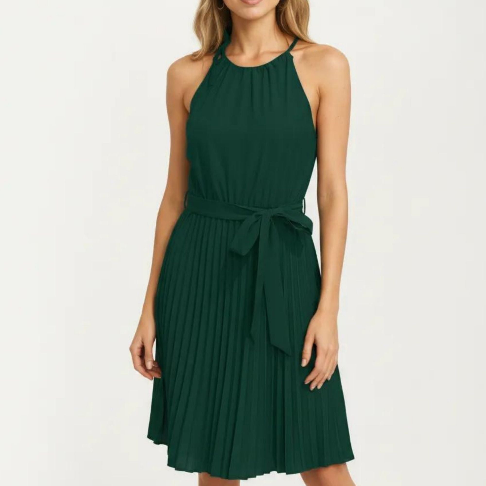 Anna-Kaci Women's Sleeveless Halter Midi Dress with Pleated Skirt and Waist Tie