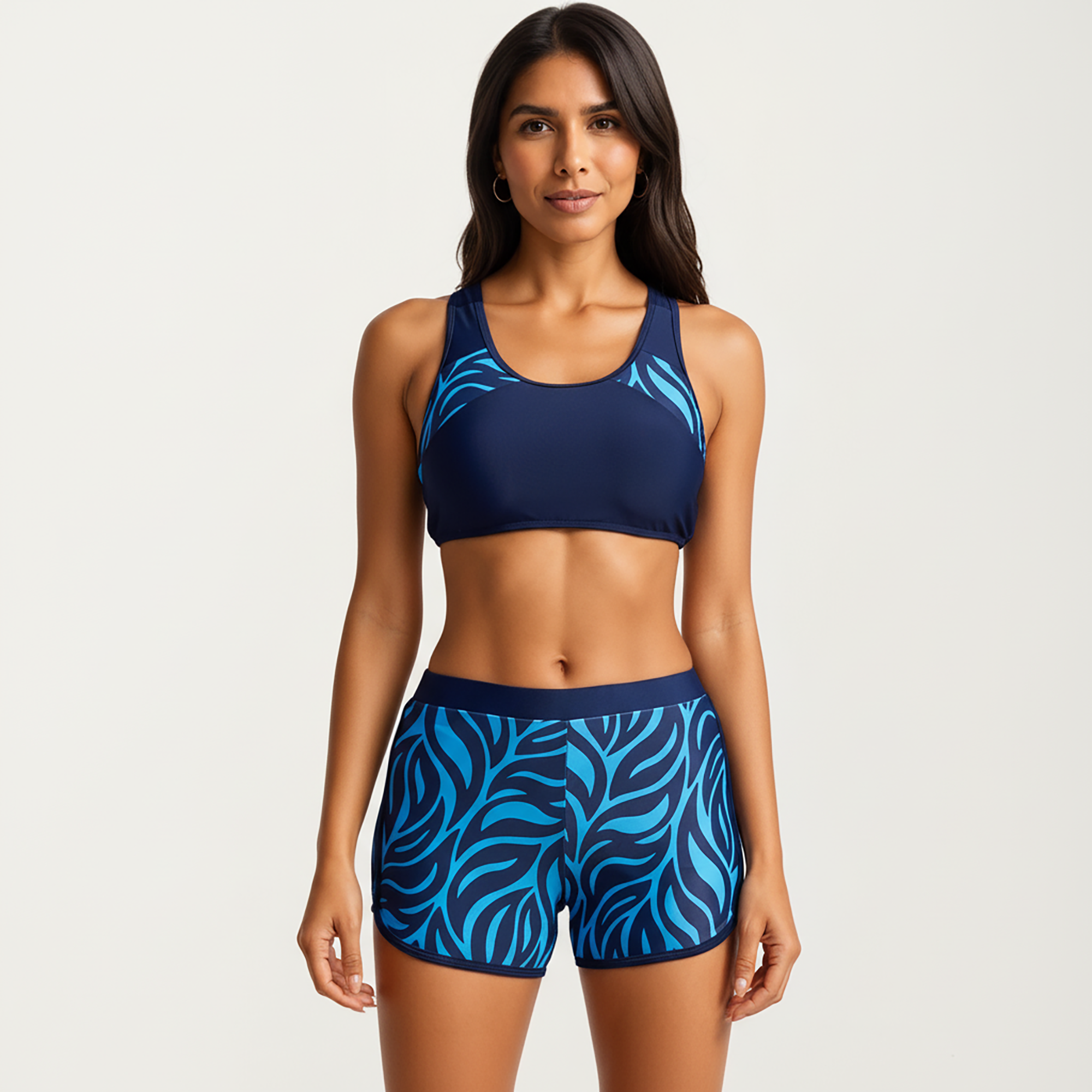 Anna-Kaci Women's 2-Piece Sport Bikini Set with Scoop Neck Crop Top and Printed Swim Shorts