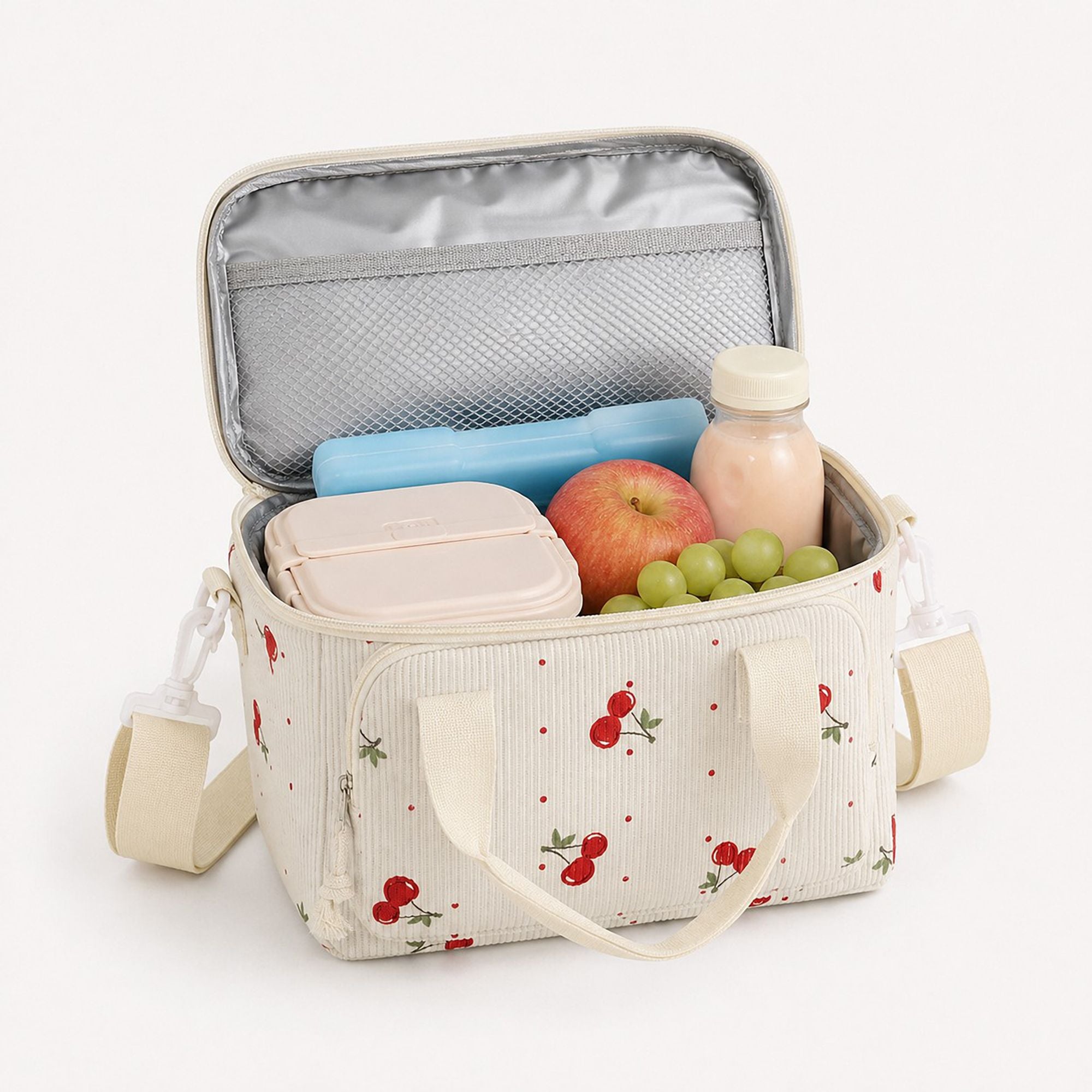Printed Corduroy Lunch Bag with Adjustable Shoulder Strap
