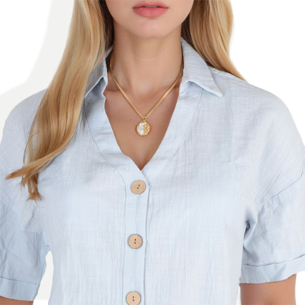 Women's Stainless Steel Necklace with 18K Gold Plated Sun and Moon Pendant, Adjustable Chain with Mother of Pearl