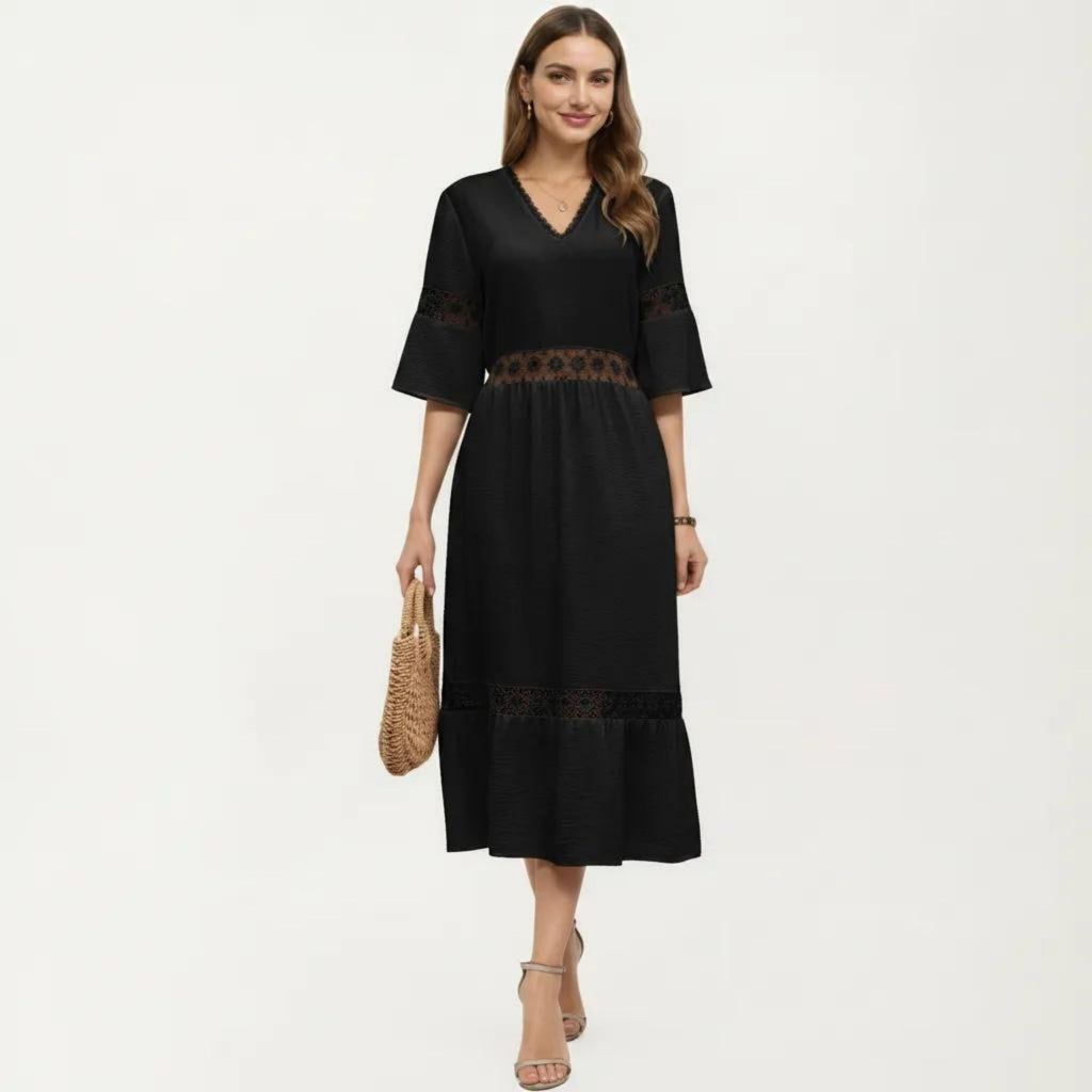 Anna-Kaci Women's V Neck Midi Dress with Lace Trim Paneling and Short Wide Sleeves Flowing Silhouette