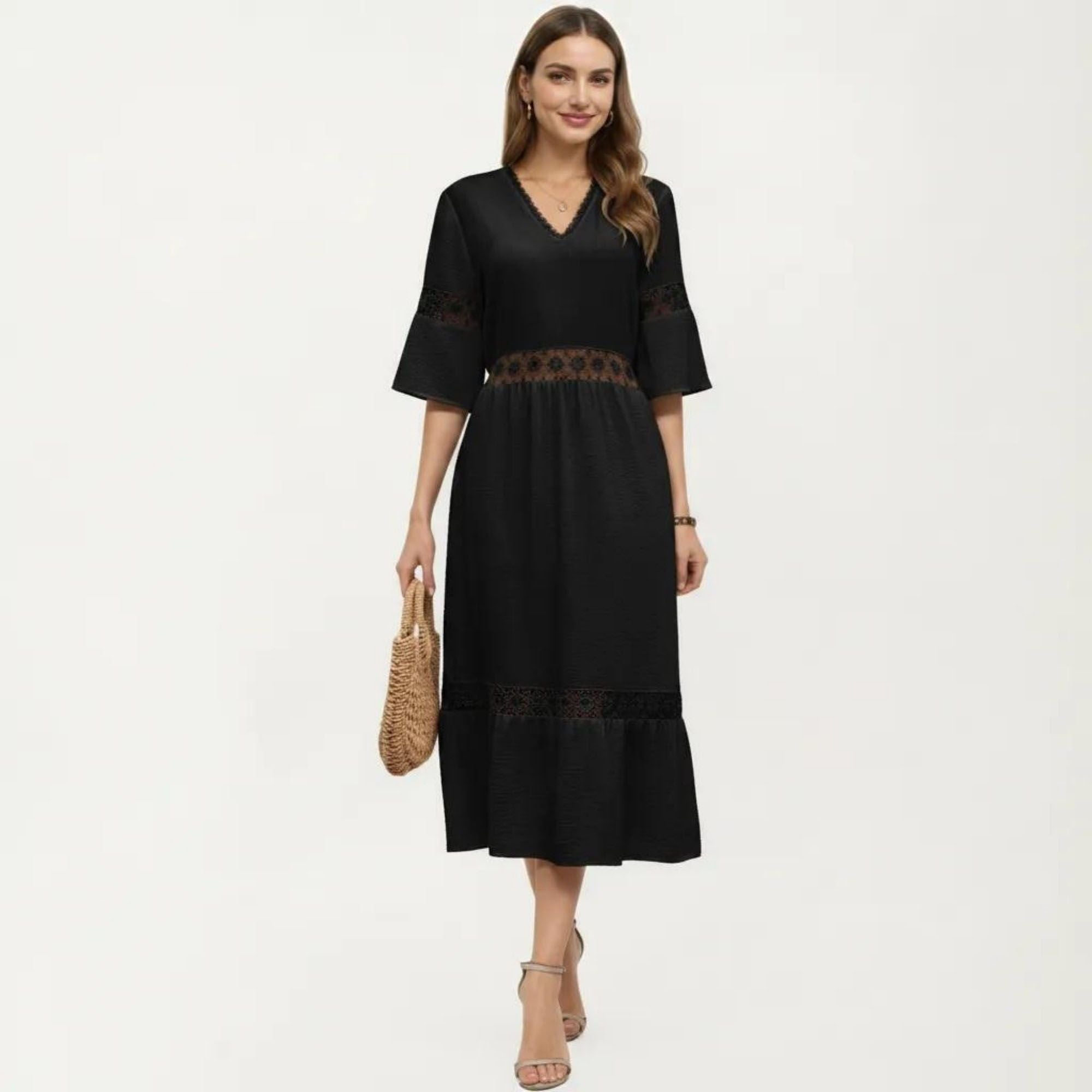 Anna-Kaci Women's V Neck Midi Dress with Lace Trim Paneling and Short Wide Sleeves Flowing Silhouette