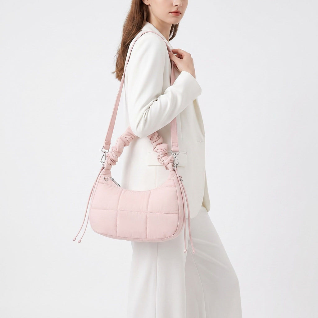 Quilted Crescent Shoulder Bag with Ruched Handle and Detachable Crossbody Strap 10.5x4x6in