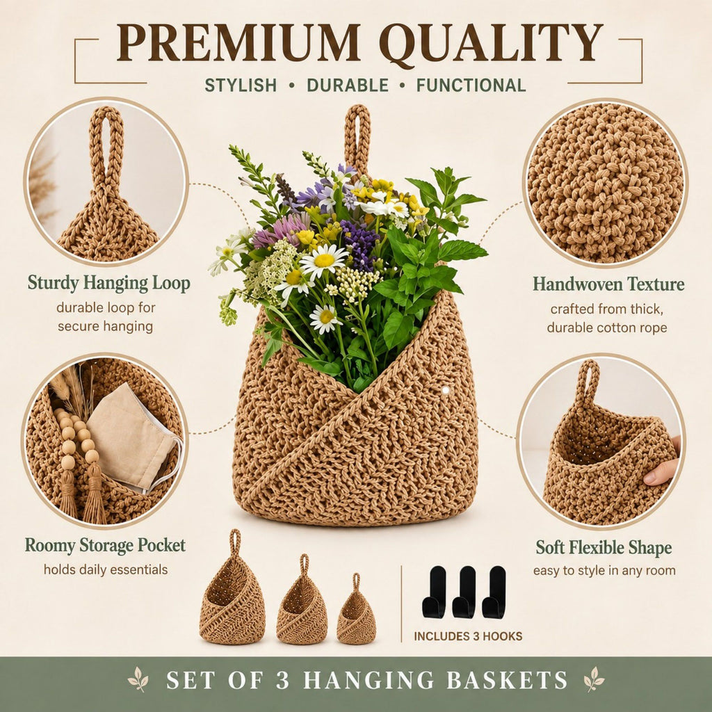 Woven Cotton Rope Hanging Basket Set Wall Storage Organizer with Hooks