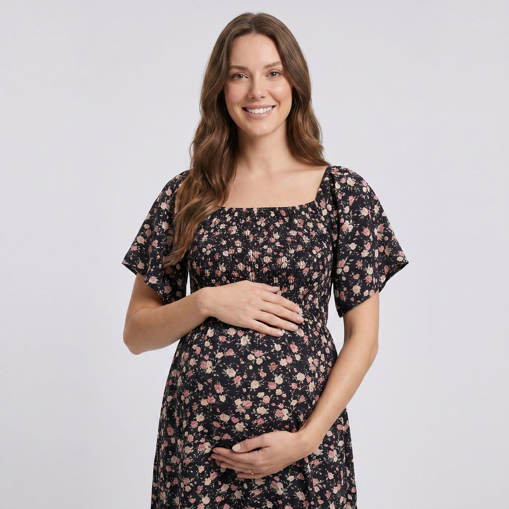 Maternity Floral Square Neck Midi Dress with Short Sleeves and Ruffle Hem