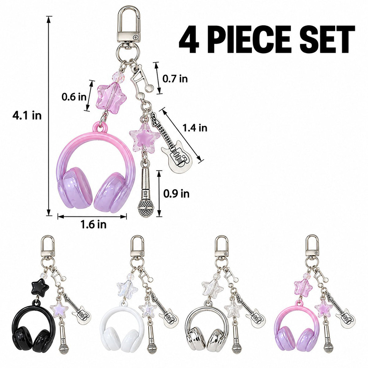 Music Theme Headphones Guitar Microphone Keychain Set