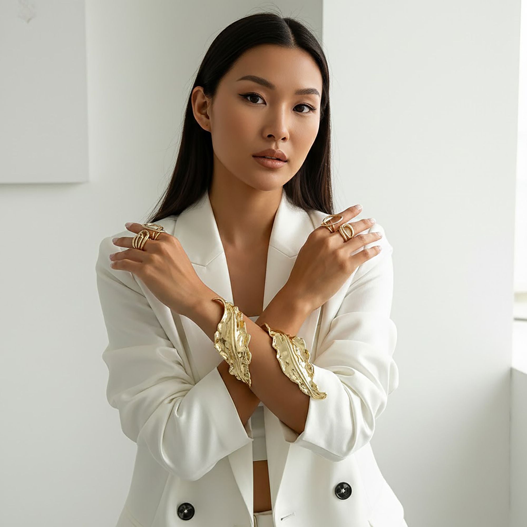 Women's Sculptural Open Cuff Bracelet with Organic Leaf Inspired Design and Polished Gold Tone Finish