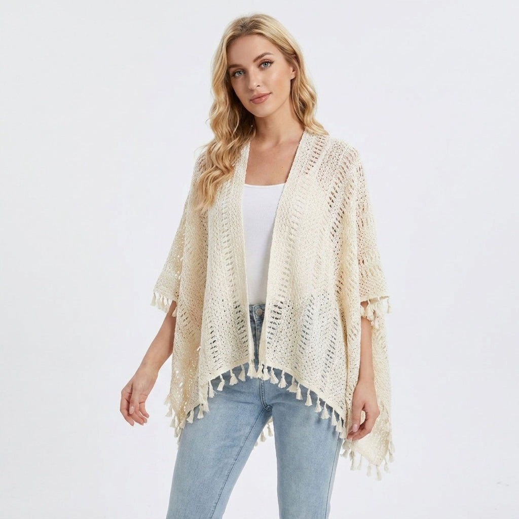 Open Knit Kimono Cover Up with Tassel Trim
