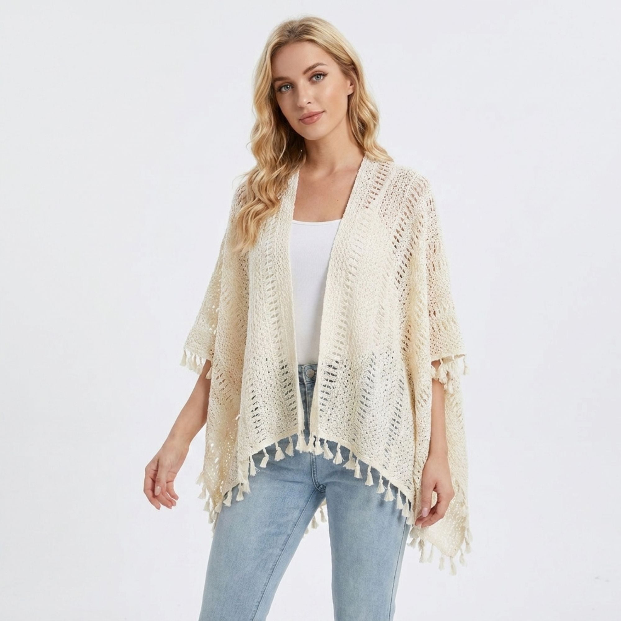 Open Knit Kimono Cover Up with Tassel Trim