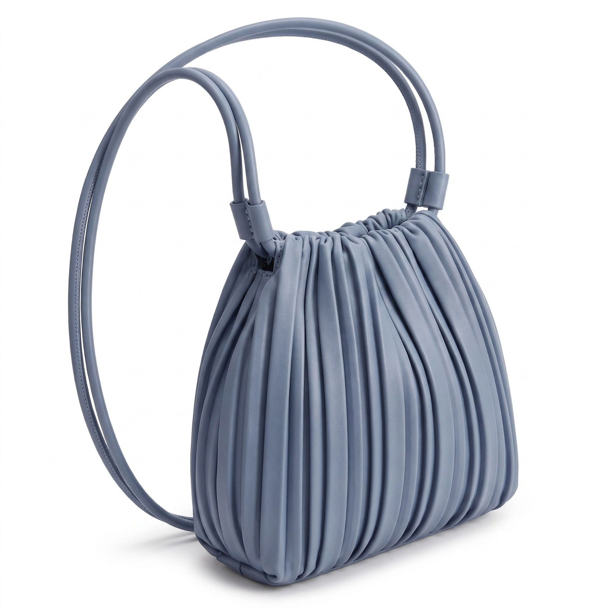 Pleated Crossbody Bucket Bag with Long Shoulder Strap and Gathered Top 7.5x8.5x3.5in
