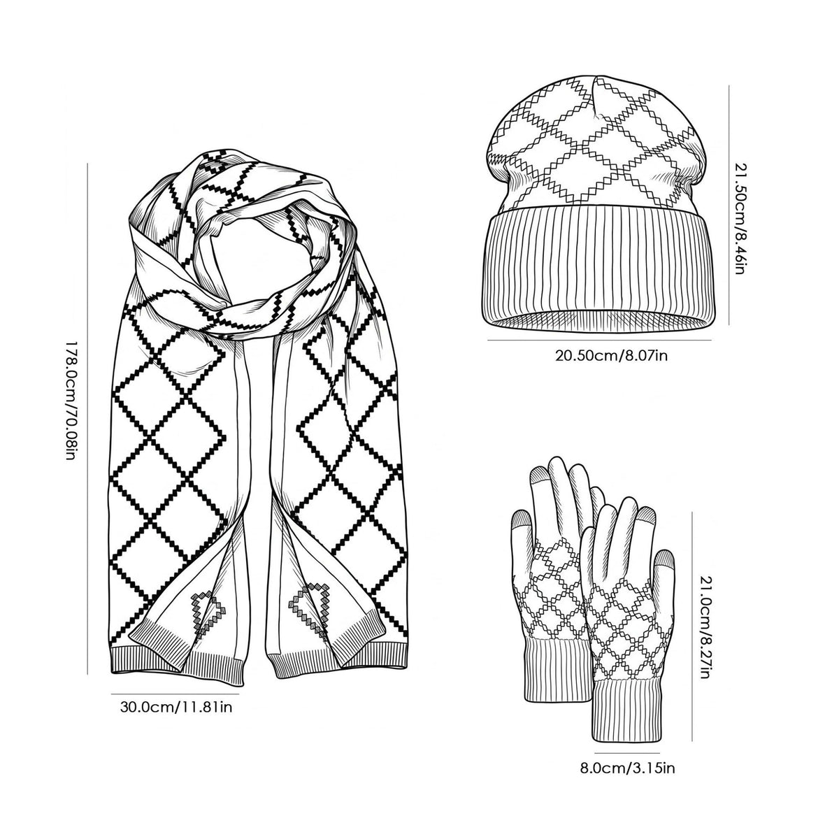 3 Piece Argyle Beanie Scarf and Touchscreen Gloves Winter Set