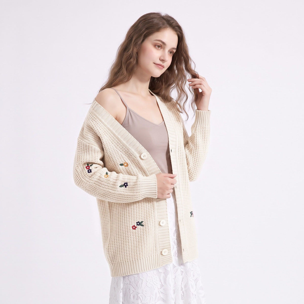 Floral Embroidered Button Front Cardigan