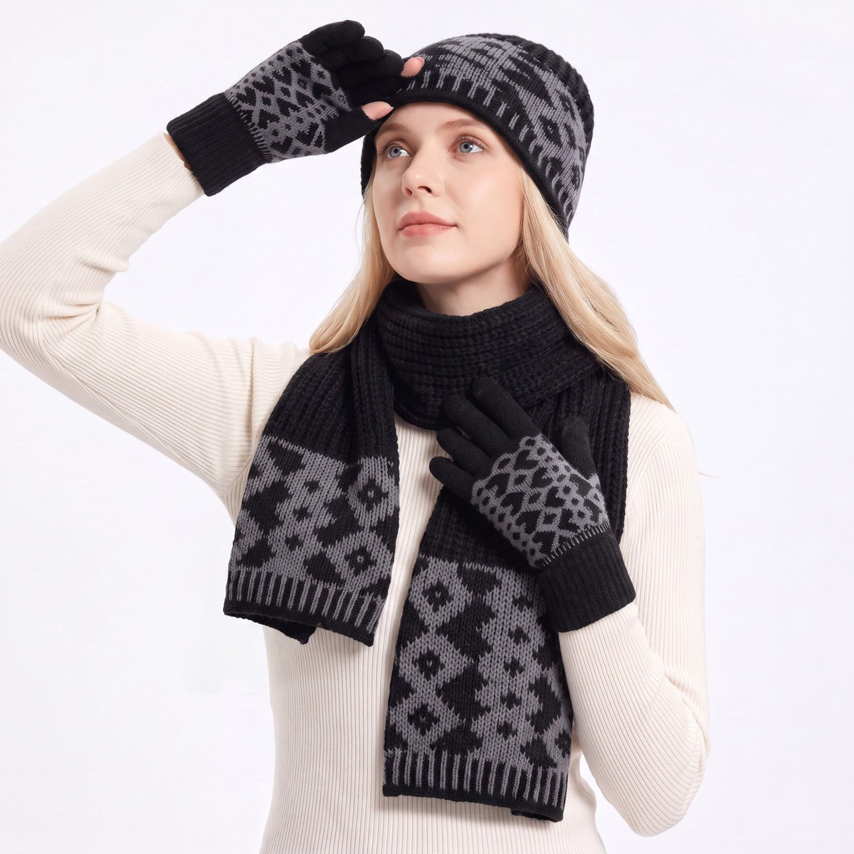 3 Piece Knit Winter Hat Scarf and Gloves Set with Geometric Pattern