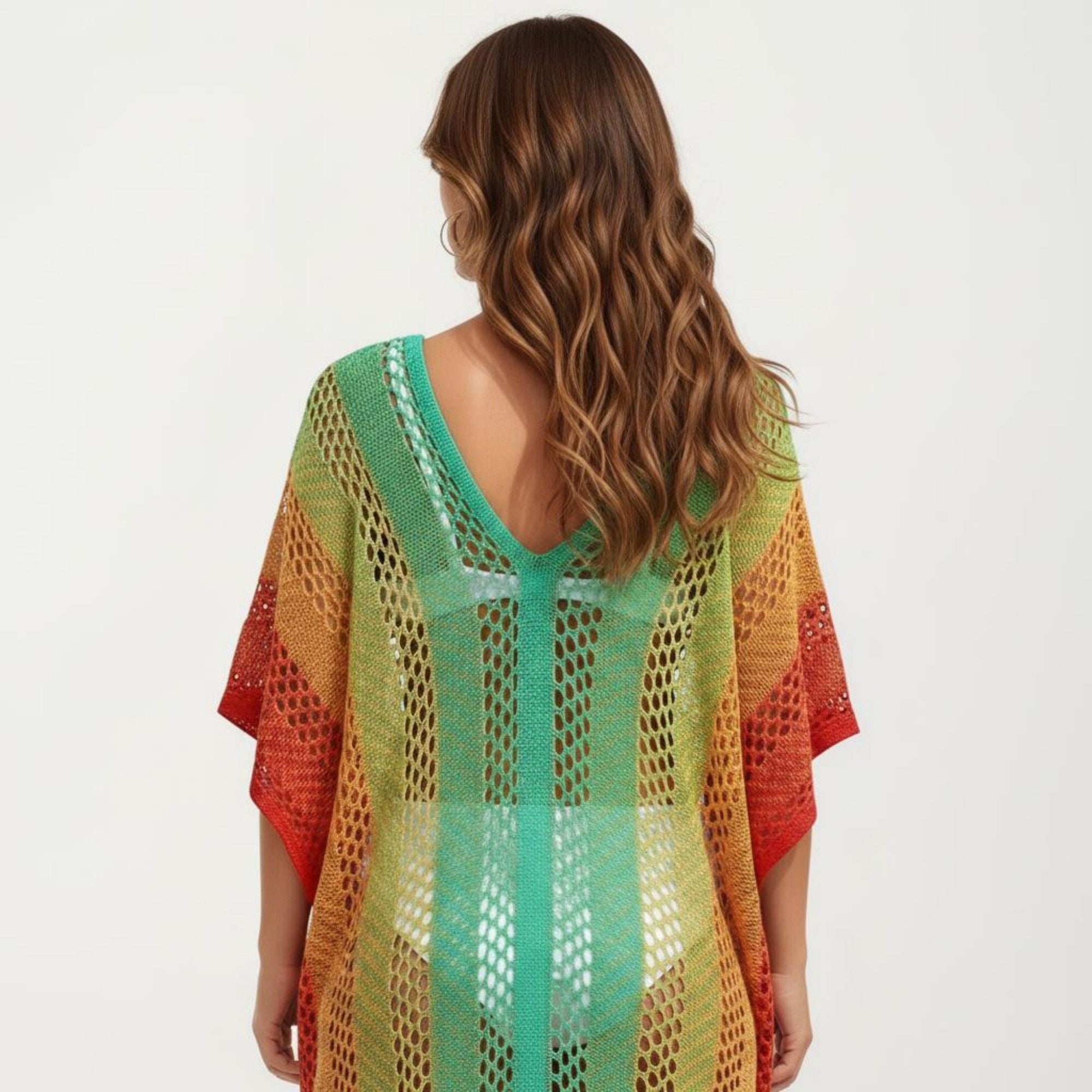 Anna-Kaci Women's Ombre Crochet Swim Cover Up Dress with Open Knit Mesh Design V Neck Short Sleeves Relaxed Fit