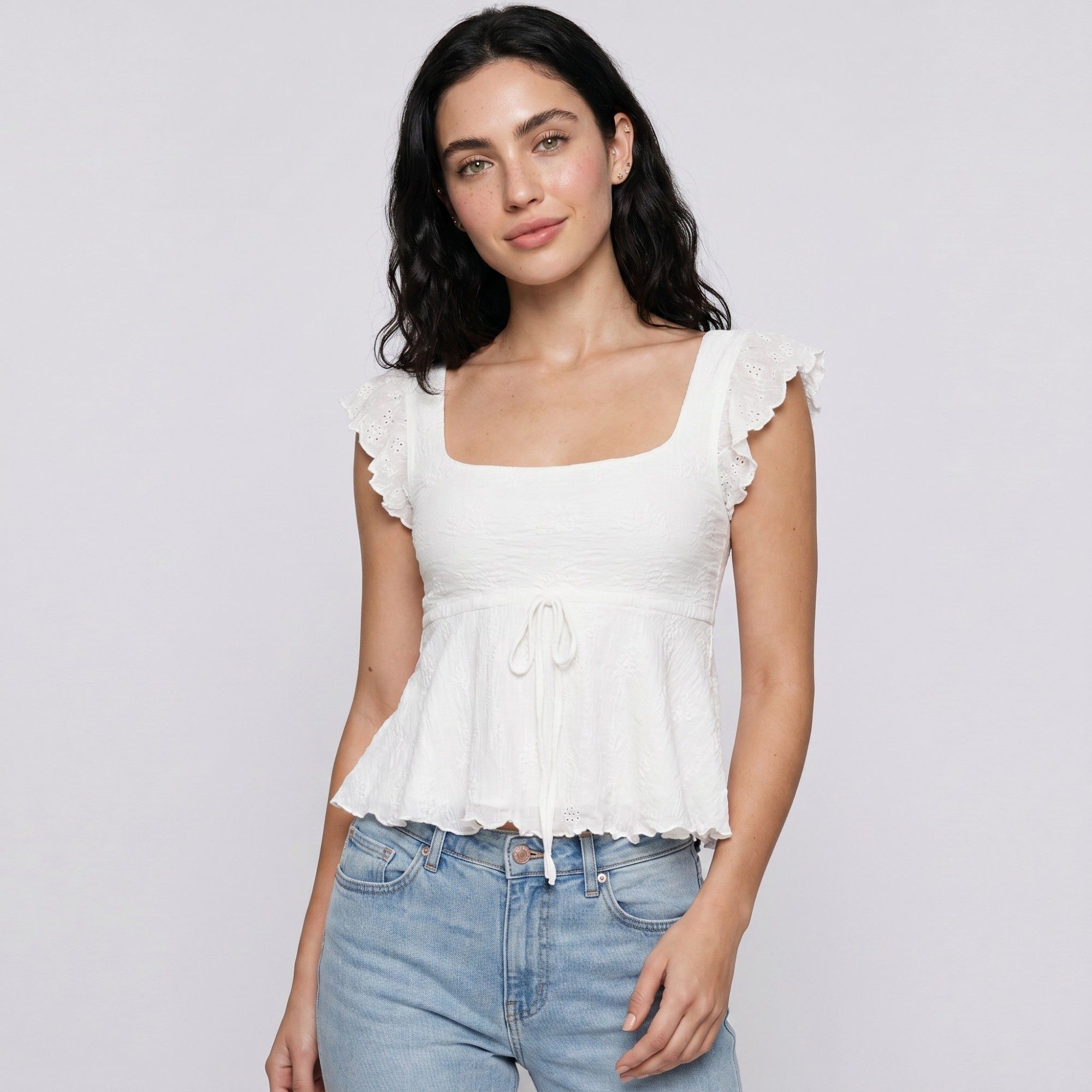 Anna-Kaci Womens Square Neck Peplum Top with Ruffle Cap Sleeves Front Tie Detail and Textured Fabric