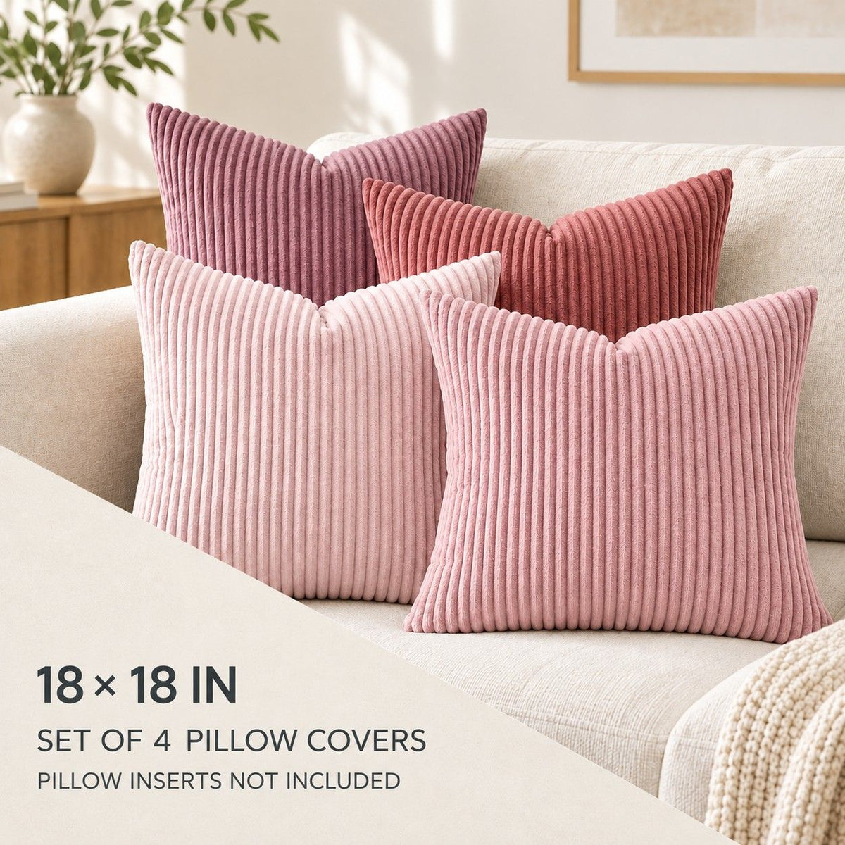 4 Pack Corduroy Throw Pillow Covers 18 x 18 Inch Wide Stripe Texture