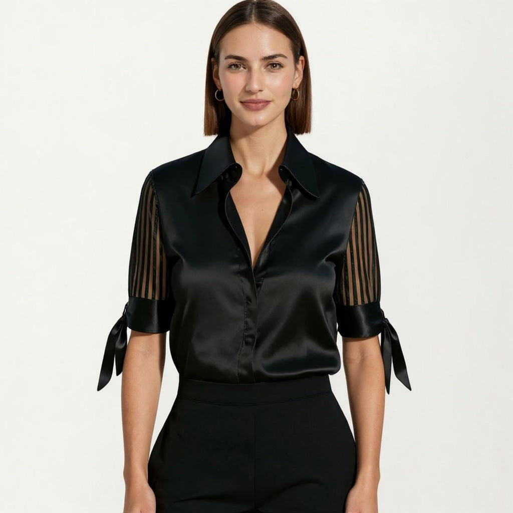 Anna-Kaci Women's Satin Collared Blouse with Sheer Stripe Sleeves and Bow Tie Cuffs