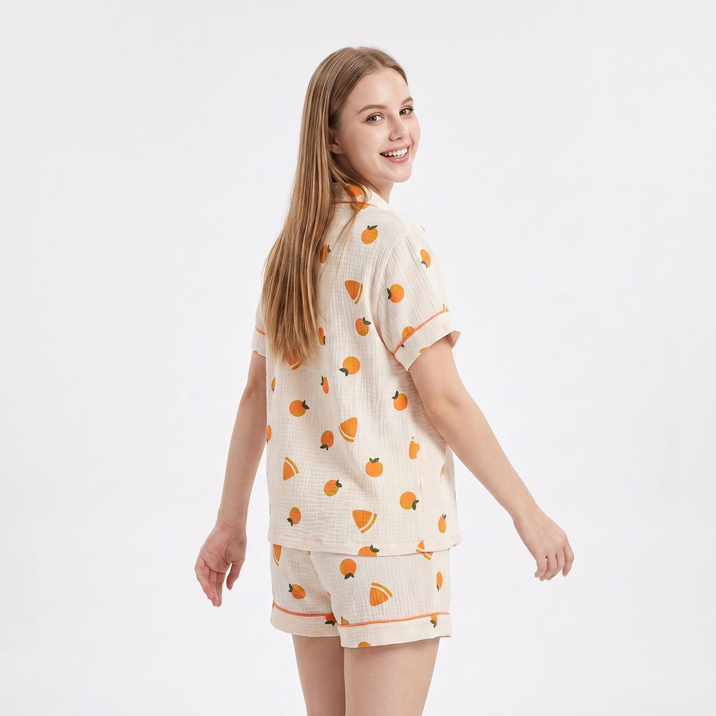 2-Piece Set Fruit Print Button Front Pajama Top and Relaxed Pants Sleepwear