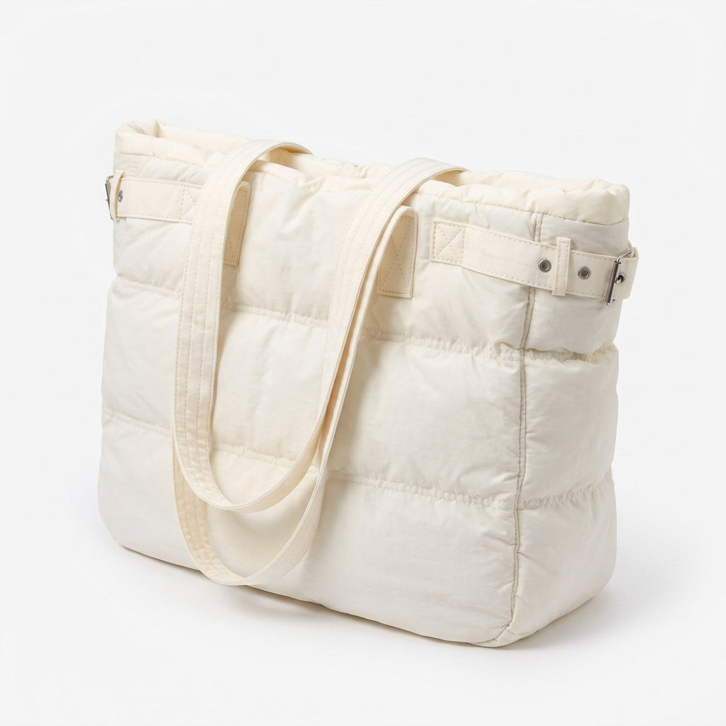 Oversized Puffer Tote Bag with Long Shoulder Straps and Side Buckle Details 13.5x14x4.5in