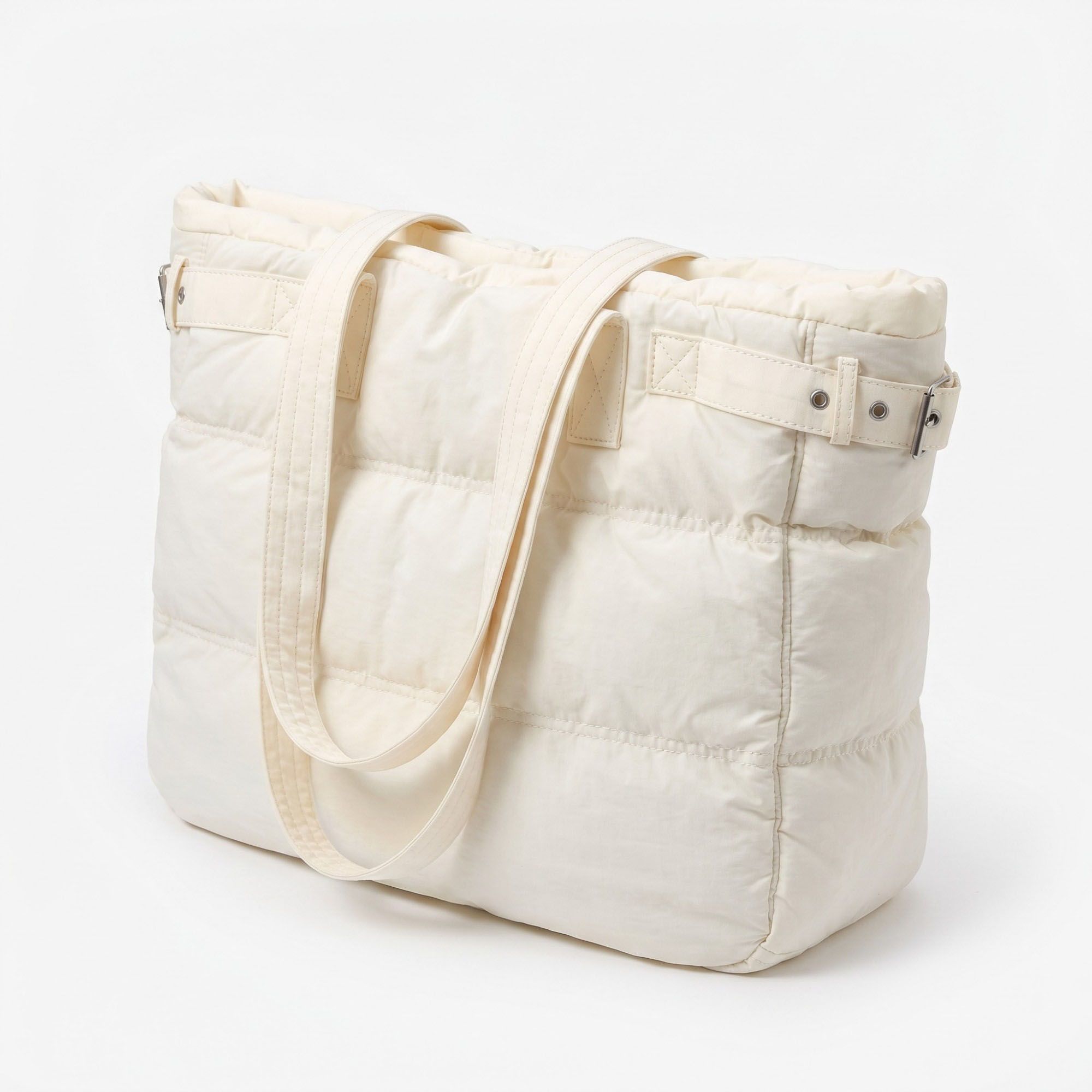 Oversized Puffer Tote Bag with Long Shoulder Straps and Side Buckle Details 13.5x14x4.5in