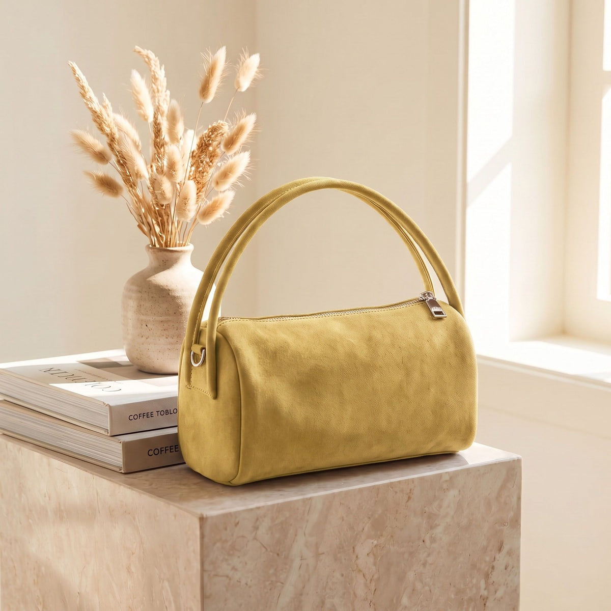 Faux Suede Handbag with Detachable Crossbody Strap and Zipper Closure