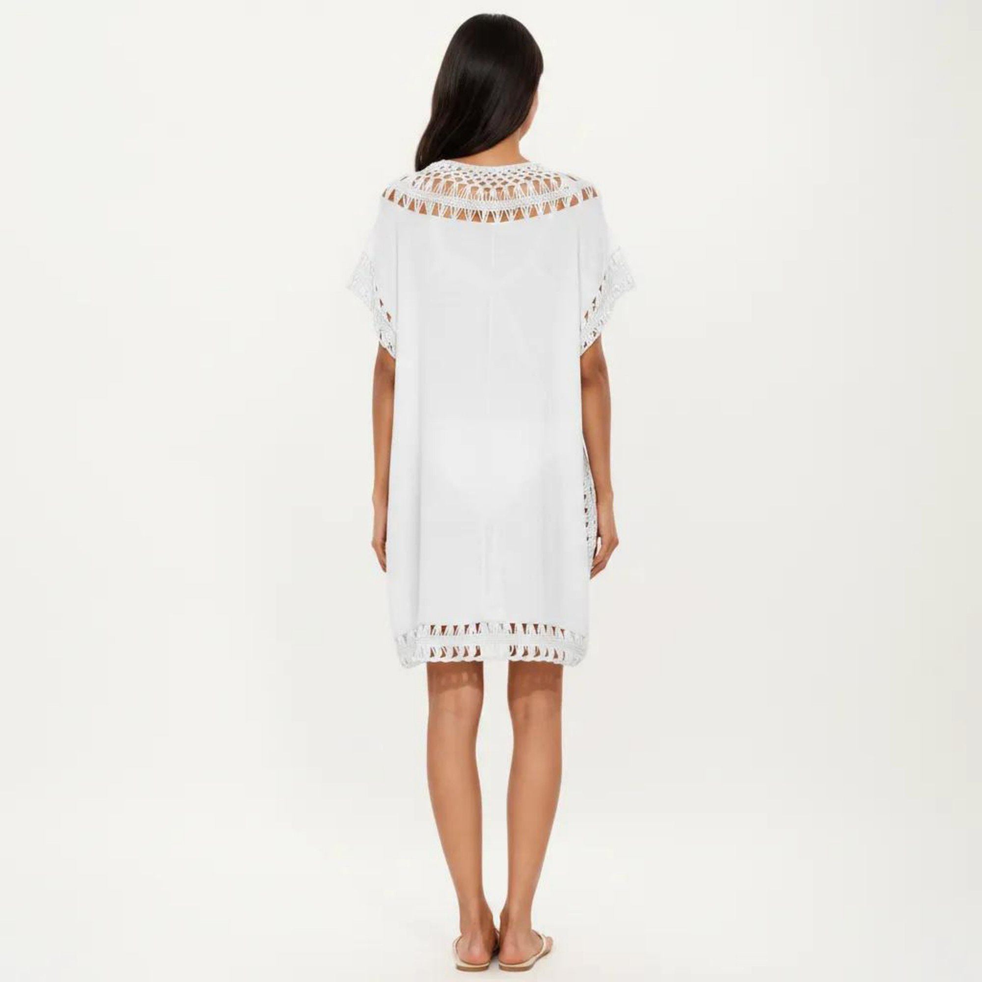 Anna-Kaci Women's Swim Cover Up Dress with Crochet Trim Short Sleeves Relaxed Lightweight Beach Caftan